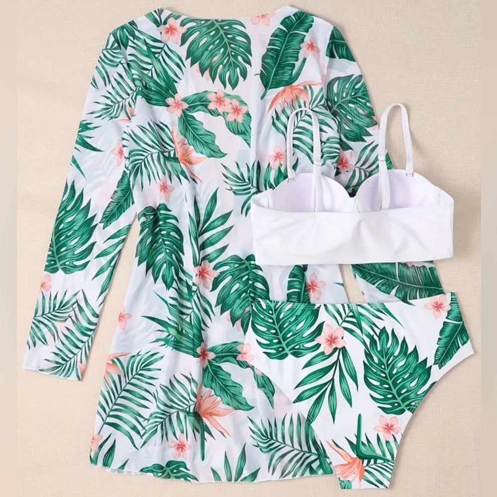 3pc Tropical Push Up High Waisted Bikini Set & Kimono Cover Up - Picture 6 of 10